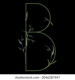 Beautiful letter B with green branches. Floral font. Artistic alphabet with botanical motifs. On black background. Isolated vector illustration.