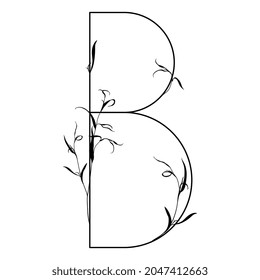 Beautiful letter B with leaves or grass motifs. Floral font. Botanical alphabet. Black silhouette on white background.