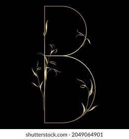 Beautiful letter B with leaves or grass motifs. Floral font. Botanical alphabet. Golden glossy silhouette on black background.