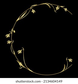 Beautiful letter C with blooming branches of snowdrop flower (Galanthus). Floral font. Artistic alphabet with spring botanical motifs. Golden glossy silhouette on black background.