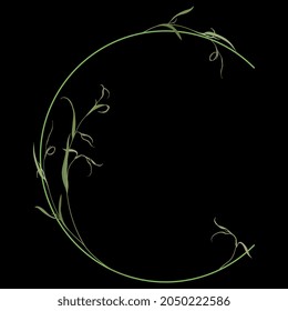 Beautiful letter C with green branches. Floral font. Artistic alphabet with botanical motifs. On black background.