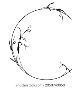 Beautiful letter C with leaves or grass motifs. Floral font. Botanical alphabet. Black silhouette on white background.