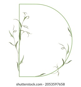 Beautiful letter D with green branches. Floral font. Artistic alphabet with botanical motifs. Isolated vector illustration.