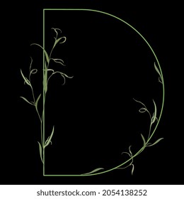 Beautiful letter D with green branches. Floral font. Artistic alphabet with botanical motifs. On black background.