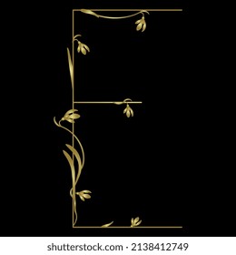 Schöner Brief E mit blühenden Zweigen der Schneeflocke (Galanthus). Blumenschrift. Künstlerisches Alphabet mit botanischen Frühlingsmotiven. Goldene glänzende Silhouette auf schwarzem Hintergrund.