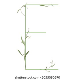 Beautiful letter E with green branches. Floral font. Artistic alphabet with botanical motifs. Isolated vector illustration.