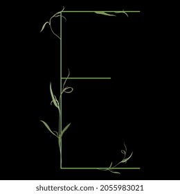 Beautiful letter E with green branches. Floral font. Artistic alphabet with botanical motifs. Isolated vector illustration. On black background.
