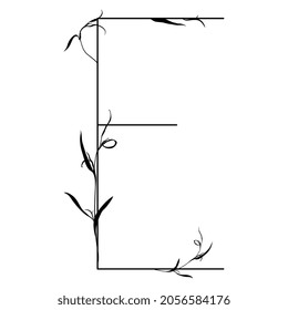 Beautiful letter E with leaves or grass motifs. Floral font. Botanical alphabet. Black silhouette on white background.