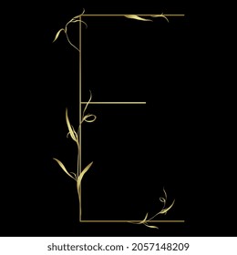 Beautiful letter E with leaves or grass motifs. Floral font. Botanical alphabet. Golden glossy silhouette on black background.