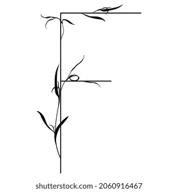 Beautiful letter F with leaves or grass motifs. Floral font. Botanical alphabet. Black silhouette on white background.