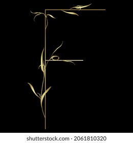 Beautiful letter F with leaves or grass motifs. Floral font. Botanical alphabet. Golden glossy silhouette on black background.