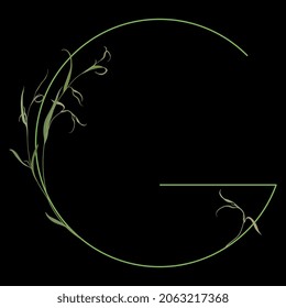 Beautiful letter G with green branches. Floral font. Artistic alphabet with botanical motifs. On black background.