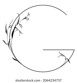 Beautiful letter G with leaves or grass motifs. Floral font. Botanical alphabet. Black silhouette on white background.