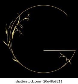 Beautiful letter G with leaves or grass motifs. Floral font. Botanical alphabet. Golden glossy silhouette on black background.