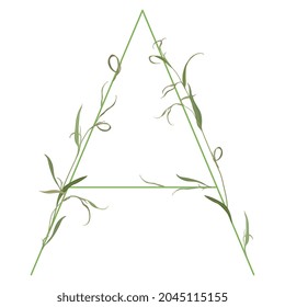 Beautiful letter A with green branches. Floral font. Artistic alphabet with botanical motifs. Isolated vector illustration.