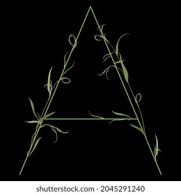 Beautiful letter A with green branches. Floral font. Artistic alphabet with botanical motifs. On black background. Isolated vector illustration.