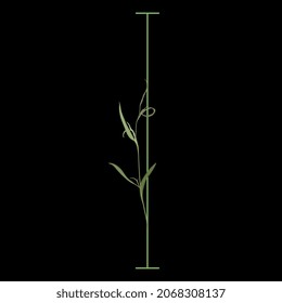 Beautiful letter I with green branches. Floral font. Artistic alphabet with botanical motifs. On black background.