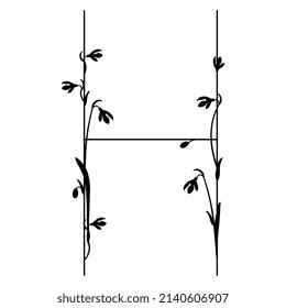 Beautiful letter H with blooming branches of snowdrop flower (Galanthus). Floral font. Artistic alphabet with spring botanical motifs. Black silhouette on white background.