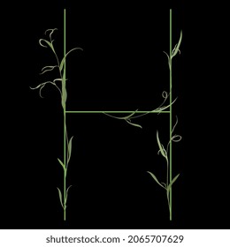 Beautiful letter H with green branches. Floral font. Artistic alphabet with botanical motifs. On black background.