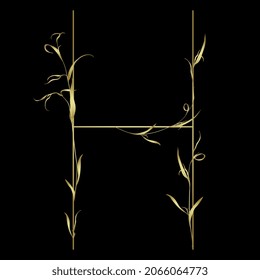 Beautiful letter H with leaves or grass motifs. Floral font. Botanical alphabet. Golden glossy silhouette on black background.