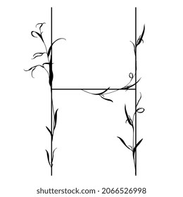 Beautiful letter H with leaves or grass motifs. Floral font. Botanical alphabet. Black silhouette on white background.