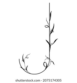 Beautiful letter J with leaves or grass motifs. Floral font. Botanical alphabet. Black silhouette on white background.