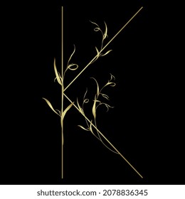 Beautiful letter K with leaves or grass motifs. Floral font. Botanical alphabet. Golden glossy silhouette on black background.