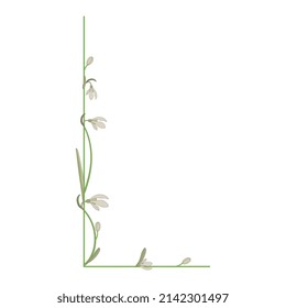 Beautiful letter L with blooming branches of snowdrop flower (Galanthus). Floral font. Artistic alphabet with spring botanical motifs. White blossom and green leaves. 