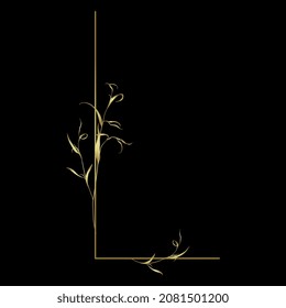 Beautiful letter L with leaves or grass motifs. Floral font. Botanical alphabet. Golden glossy silhouette on black background.