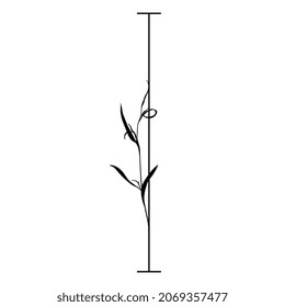 Beautiful letter I with leaves or grass motifs. Floral font. Botanical alphabet. Black silhouette on white background.