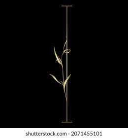 Beautiful letter I with leaves or grass motifs. Floral font. Botanical alphabet. Golden glossy silhouette on black background.