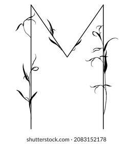 Beautiful letter M with leaves or grass motifs. Floral font. Botanical alphabet. Black silhouette on white background.