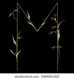 Beautiful letter M with leaves or grass motifs. Floral font. Botanical alphabet. Golden glossy silhouette on black background.
