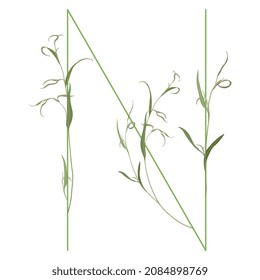 Beautiful letter N with green branches. Floral font. Artistic alphabet with botanical motifs.