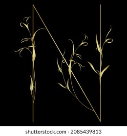 Beautiful letter N with leaves or grass motifs. Floral font. Botanical alphabet. Golden glossy silhouette on black background.