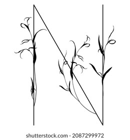 Beautiful letter N with leaves or grass motifs. Floral font. Botanical alphabet. Black silhouette on white background.