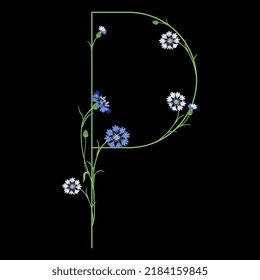 Beautiful letter P with blooming branches of cornflower or knapweed plant (Centaurea). Floral font. Botanical alphabet with blue flowers. On black background.