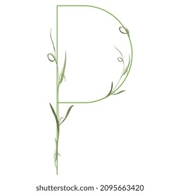 Beautiful letter P with green branches. Floral font. Artistic alphabet with botanical motifs.