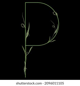 Beautiful letter P with green branches. Floral font. Artistic alphabet with botanical motifs. On black background.