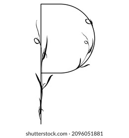 Beautiful letter P with leaves or grass motifs. Floral font. Botanical alphabet. Black silhouette on white background.