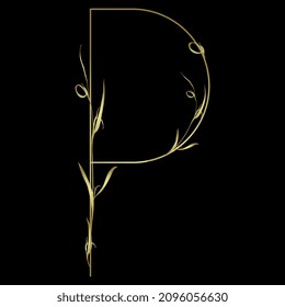 Beautiful letter P with leaves or grass motifs. Floral font. Botanical alphabet. Golden glossy silhouette on black background.