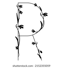 Beautiful letter R with blooming branches of snowdrop flower (Galanthus). Floral font. Artistic alphabet with spring botanical motifs. Black silhouette on white background.