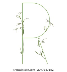 Beautiful letter R with green branches. Floral font. Artistic alphabet with botanical motifs.
