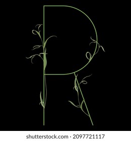 Beautiful letter R with green branches. Floral font. Artistic alphabet with botanical motifs. On black background.