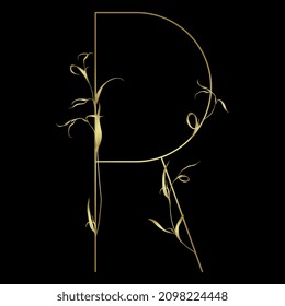 Beautiful letter R with leaves or grass motifs. Floral font. Botanical alphabet. Golden glossy silhouette on black background.