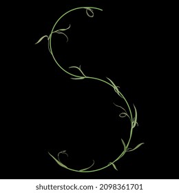 Beautiful letter S with green branches. Floral font. Artistic alphabet with botanical motifs. On black background.