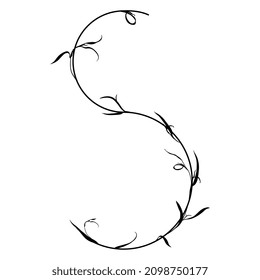 Beautiful letter S with leaves or grass motifs. Floral font. Botanical alphabet. Black silhouette on white background.