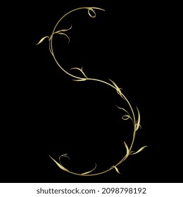 Beautiful letter S with leaves or grass motifs. Floral font. Botanical alphabet. Golden glossy silhouette on black background.