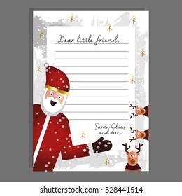 Beautiful Letter from Santa Claus. Design template.  Beautiful vector illustration with flat character Santa Claus and  deer. Hand drawn illustration.