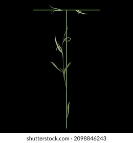 Beautiful letter T with green branches and leaves. Floral font. Artistic alphabet with botanical motifs. On black background.